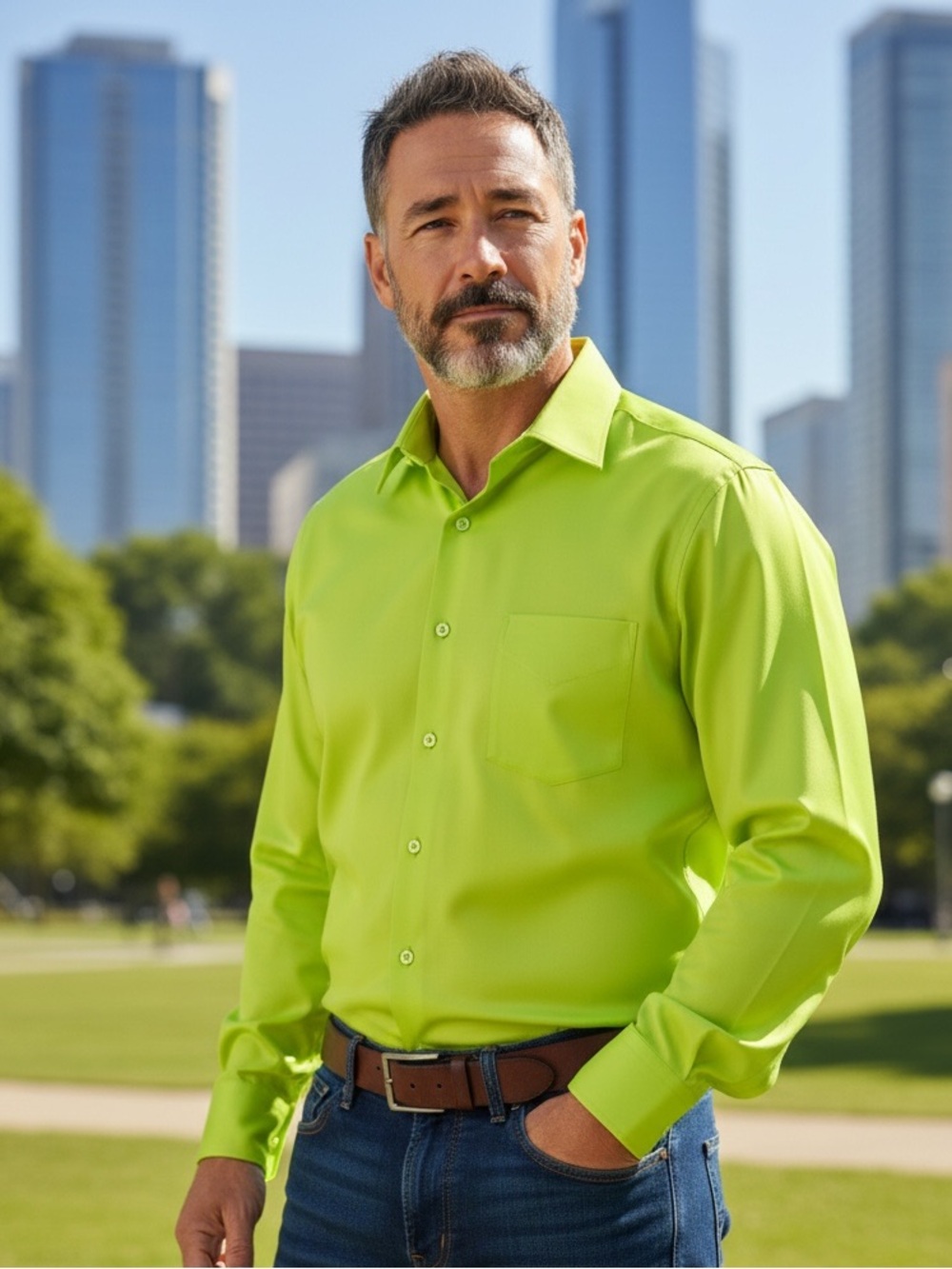 Murano 17.5”/35 Pointy Collar, Neon Green Dress Shirt -Liquid Cotton-Non Iron